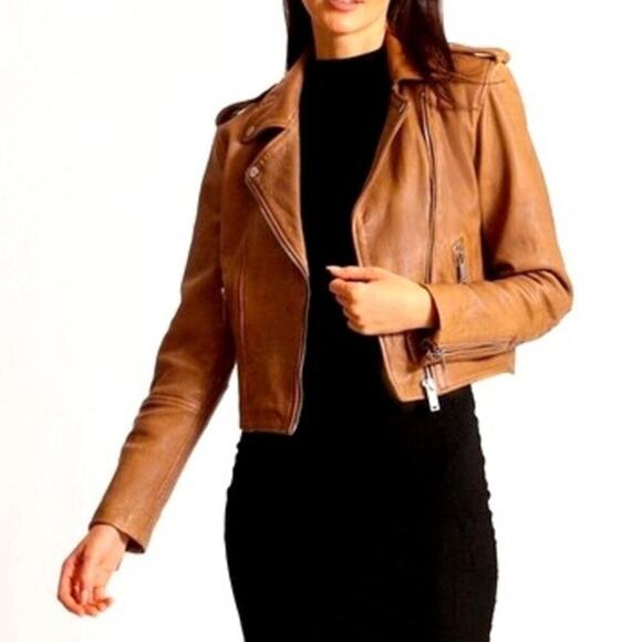 NWT * AVEC LES FILLES Vegan Leather Moto Biker Jacket in Camel - Size M - $174. - Picture 14 of 14